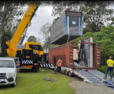 Prefab home imported from China to Australia being unloaded