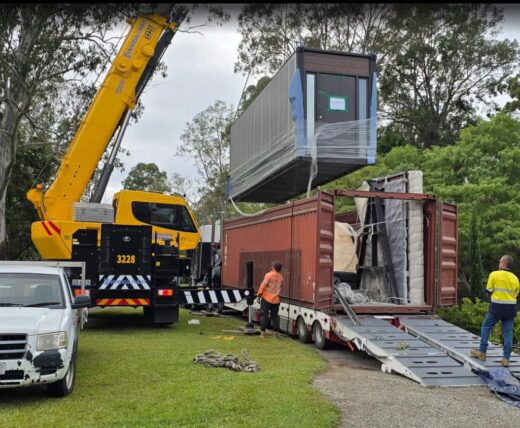 Prefab home imported from China to Australia being unloaded